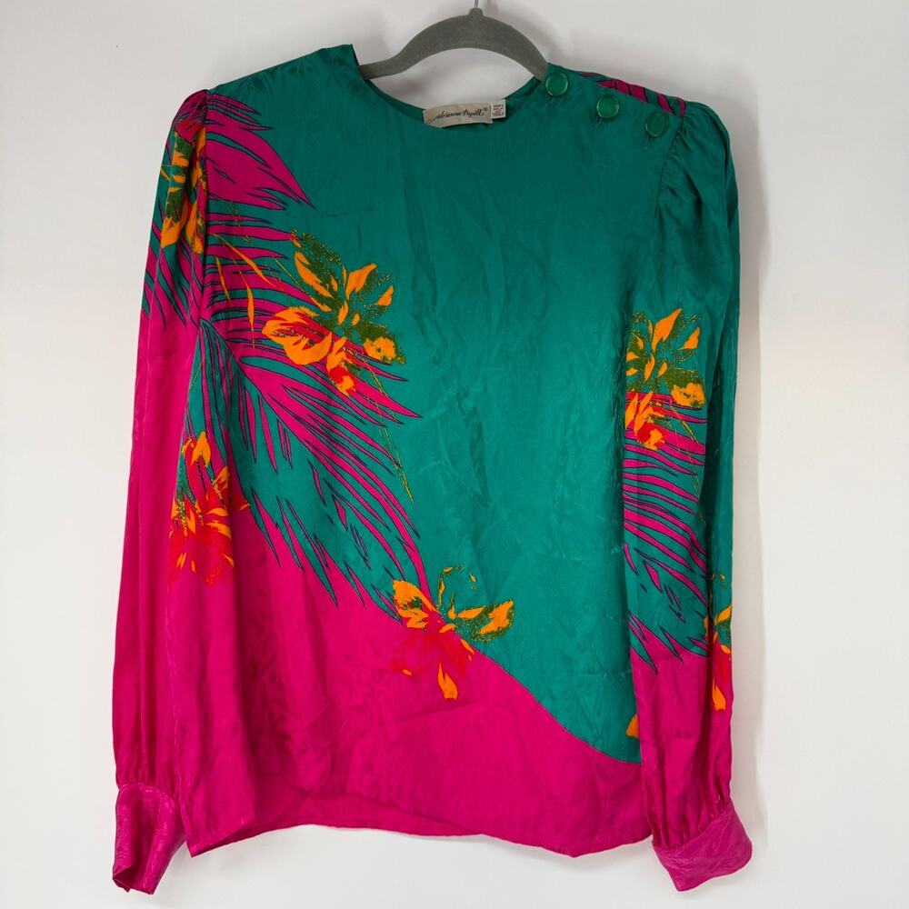 VTG Adrianna Papell Silk Top Womens 12 Pink Teal Floral Colorblock Shoulder Pads